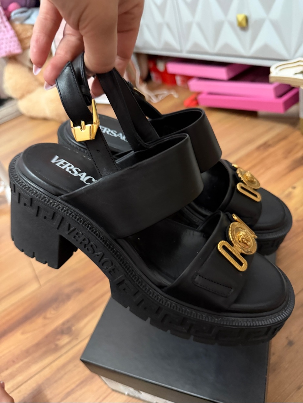 Versace Black Leather Platform Sandals with Gold Medusa Accents